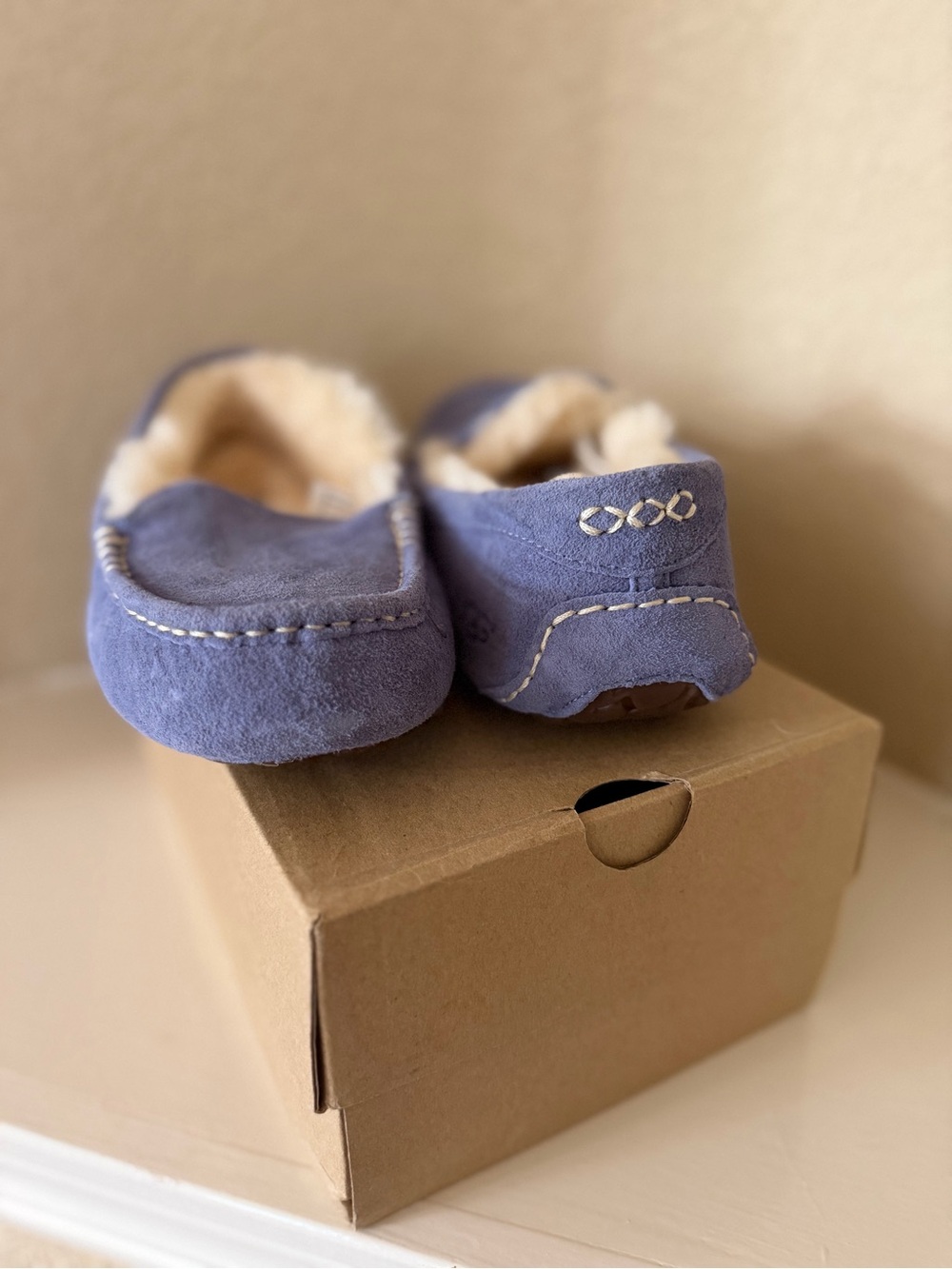 UGG Women's Flora Perf Navy Suede Shearling Moccasins - Picture 4 of 6